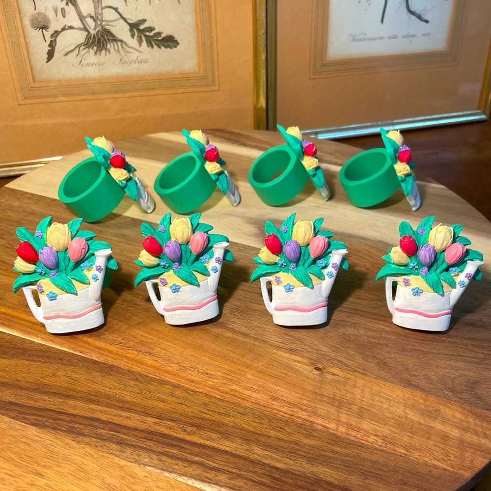 Flower Napkin Rings Tulips in Watering Can Hand Painted Flowers Set of 4 or 8